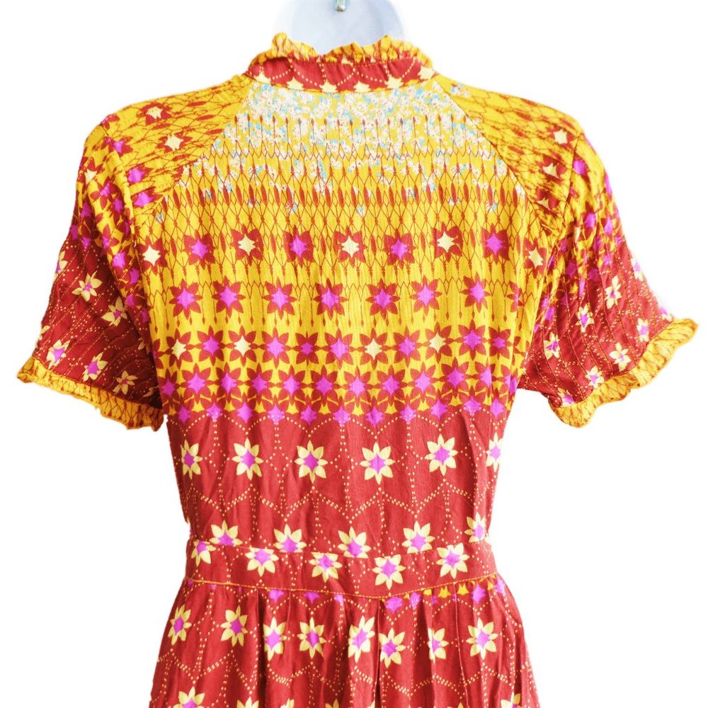 Free People Midi Dress Rare Feeling Goldenrod Combo Ruffled Pintuck Drawstring S - Picture 4 of 9